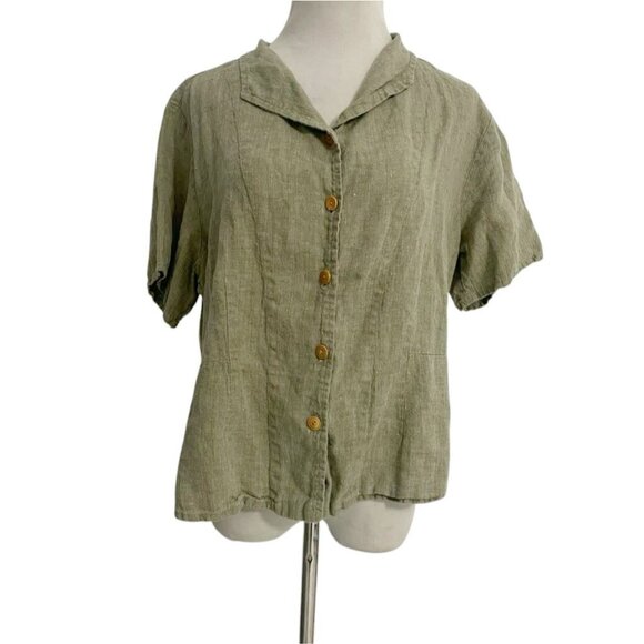FLAX Size Medium Top Blouse Button Down Linen Short Sleeve Boho Lagenlook - Picture 1 of 6